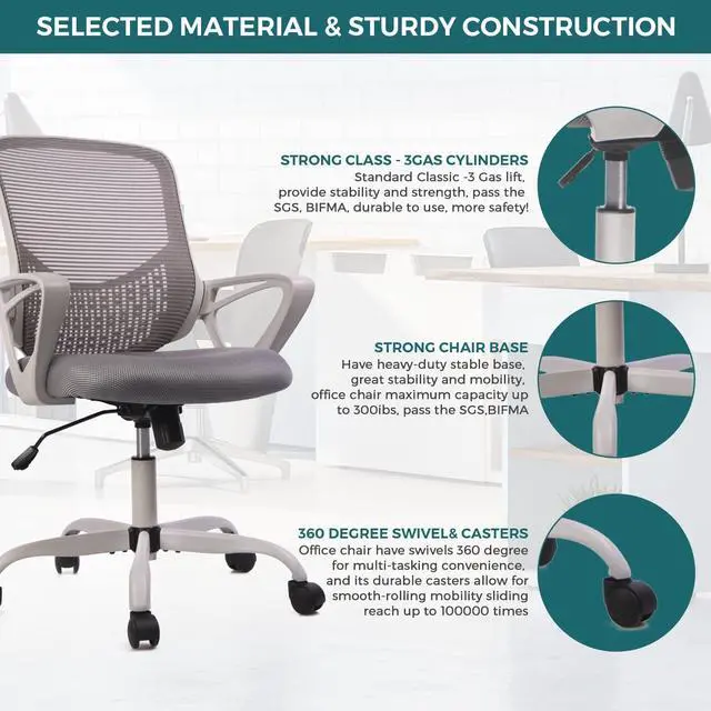 Alt view image 6 of 6 - SMUG Home Office Chair Ergonomic Computer Desk Chair Mesh Mid-Back Height Adjustable Swivel Chair with Armrest, Grey