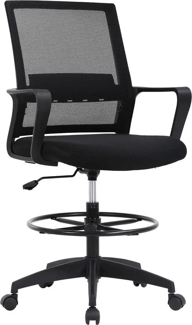 Main image of Drafting Chair Tall Office Chair Adjustable Swivel Rolling Mesh Height with Lumbar Support Arms Footrest Mid Back for Adults Standing Desk Drafting Stool(Black)