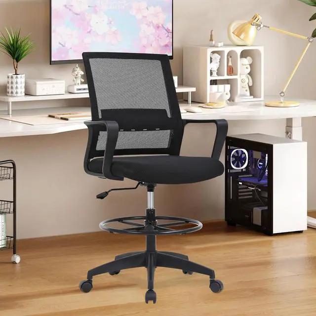 Alt view image 2 of 7 - Drafting Chair Tall Office Chair Adjustable Swivel Rolling Mesh Height with Lumbar Support Arms Footrest Mid Back for Adults Standing Desk Drafting Stool(Black)