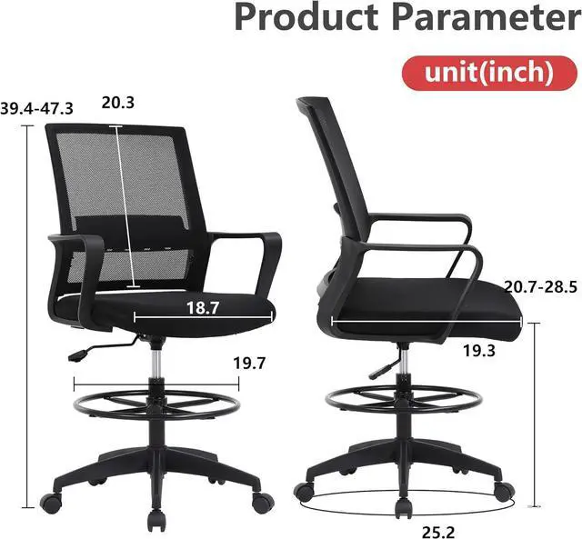 Alt view image 3 of 7 - Drafting Chair Tall Office Chair Adjustable Swivel Rolling Mesh Height with Lumbar Support Arms Footrest Mid Back for Adults Standing Desk Drafting Stool(Black)