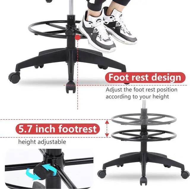 Alt view image 5 of 7 - Drafting Chair Tall Office Chair Adjustable Swivel Rolling Mesh Height with Lumbar Support Arms Footrest Mid Back for Adults Standing Desk Drafting Stool(Black)