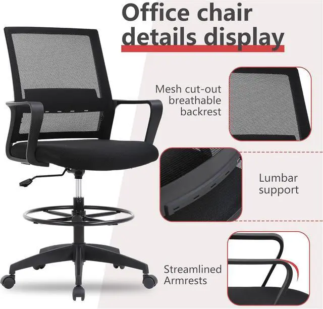 Alt view image 6 of 7 - Drafting Chair Tall Office Chair Adjustable Swivel Rolling Mesh Height with Lumbar Support Arms Footrest Mid Back for Adults Standing Desk Drafting Stool(Black)