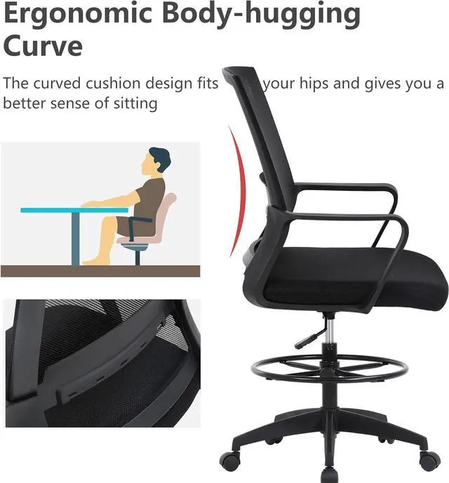 Alt view image 7 of 7 - Drafting Chair Tall Office Chair Adjustable Swivel Rolling Mesh Height with Lumbar Support Arms Footrest Mid Back for Adults Standing Desk Drafting Stool(Black)