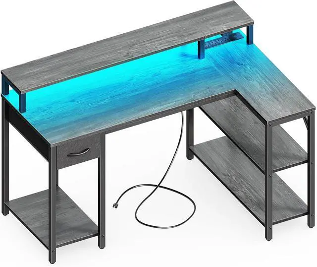 Main image of SUPERJARE 47 inch Reversible L Shaped Desk with LED Lights & Power Outlets, Computer Desk with Shelves & Monitor Stand, Gaming Desk with Drawer, Home Office Desk Corner Desk, Grey