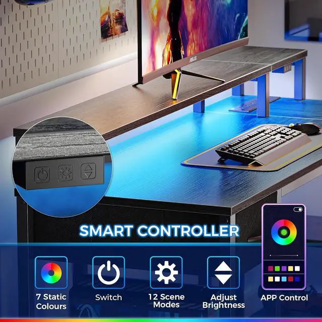 Alt view image 4 of 7 - SUPERJARE 47 inch Reversible L Shaped Desk with LED Lights & Power Outlets, Computer Desk with Shelves & Monitor Stand, Gaming Desk with Drawer, Home Office Desk Corner Desk, Grey