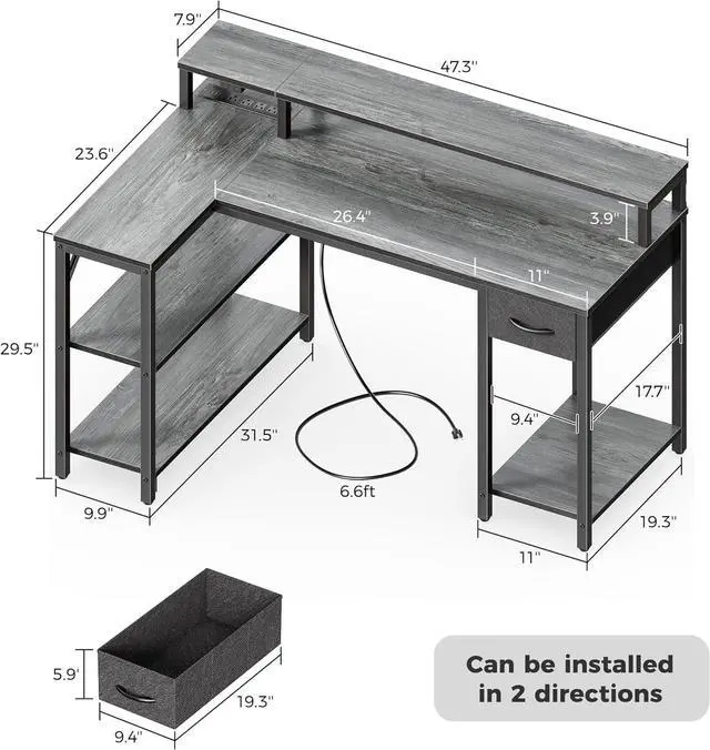 Alt view image 7 of 7 - SUPERJARE 47 inch Reversible L Shaped Desk with LED Lights & Power Outlets, Computer Desk with Shelves & Monitor Stand, Gaming Desk with Drawer, Home Office Desk Corner Desk, Grey