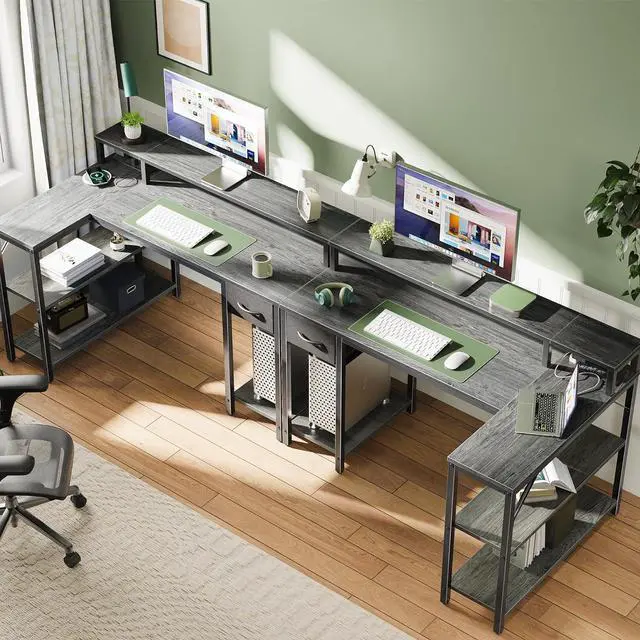 Alt view image 6 of 7 - SUPERJARE 47 inch Reversible L Shaped Desk with LED Lights & Power Outlets, Computer Desk with Shelves & Monitor Stand, Gaming Desk with Drawer, Home Office Desk Corner Desk, Grey