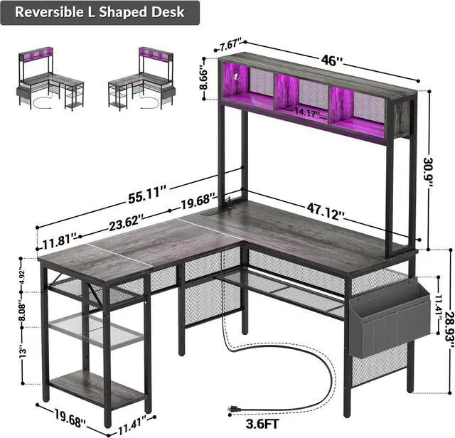 Alt view image 3 of 7 - Unikito L Shaped Computer Desk with LED Strip and Power Outlets, Reversible L-Shaped Corner Desk with Storage Shelves and Bag, Industrial Home Office Desk Gaming Table with USB Port, Black Oak