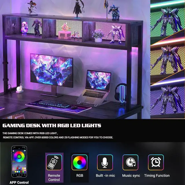 Alt view image 4 of 7 - Unikito L Shaped Computer Desk with LED Strip and Power Outlets, Reversible L-Shaped Corner Desk with Storage Shelves and Bag, Industrial Home Office Desk Gaming Table with USB Port, Black Oak