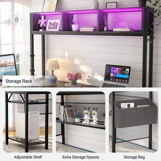 Alt view image 5 of 7 - Unikito L Shaped Computer Desk with LED Strip and Power Outlets, Reversible L-Shaped Corner Desk with Storage Shelves and Bag, Industrial Home Office Desk Gaming Table with USB Port, Black Oak