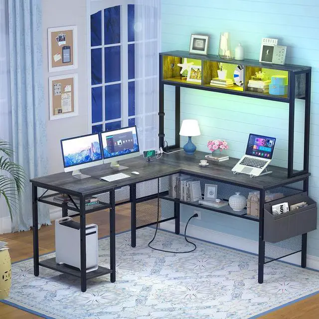 Alt view image 6 of 7 - Unikito L Shaped Computer Desk with LED Strip and Power Outlets, Reversible L-Shaped Corner Desk with Storage Shelves and Bag, Industrial Home Office Desk Gaming Table with USB Port, Black Oak