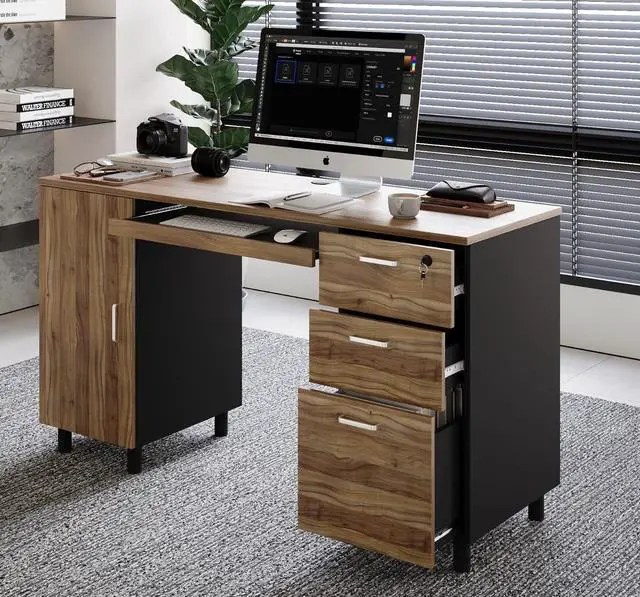 Main image of Modern Design Venice Computer Office Desk with 3 Locking Drawers and Storage Cabinet, 53 Inch Home and Office Executive Walnut and Black Desk with Keyboard Tray by Crafts and Comfort