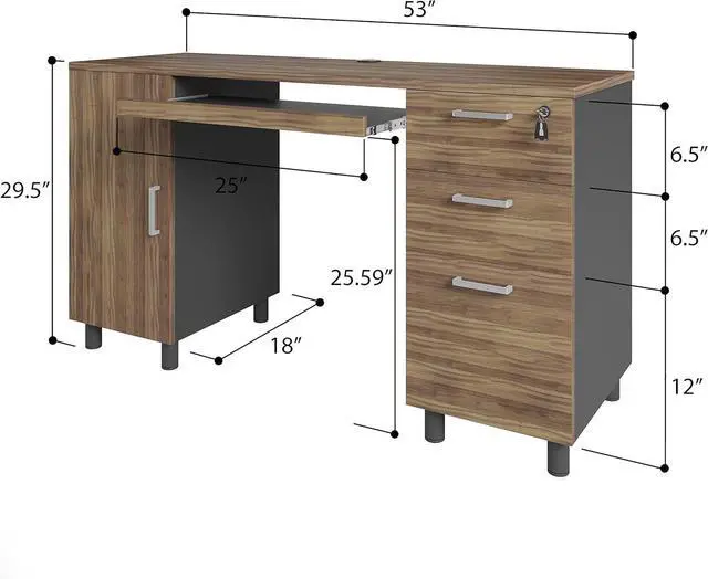Alt view image 3 of 7 - Modern Design Venice Computer Office Desk with 3 Locking Drawers and Storage Cabinet, 53 Inch Home and Office Executive Walnut and Black Desk with Keyboard Tray by Crafts and Comfort