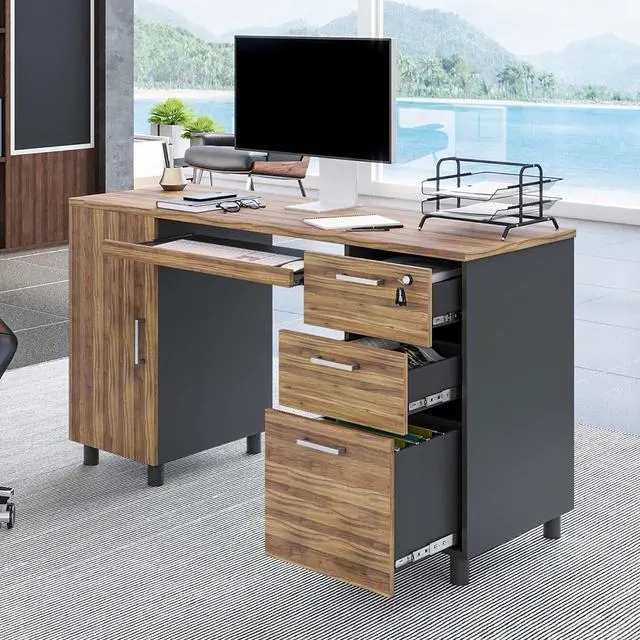 Alt view image 4 of 7 - Modern Design Venice Computer Office Desk with 3 Locking Drawers and Storage Cabinet, 53 Inch Home and Office Executive Walnut and Black Desk with Keyboard Tray by Crafts and Comfort