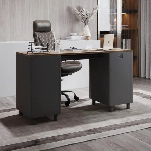 Alt view image 5 of 7 - Modern Design Venice Computer Office Desk with 3 Locking Drawers and Storage Cabinet, 53 Inch Home and Office Executive Walnut and Black Desk with Keyboard Tray by Crafts and Comfort
