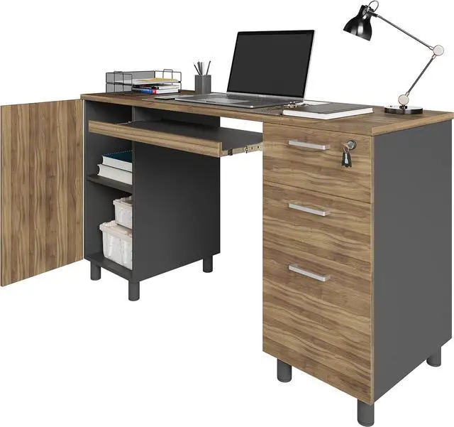 Alt view image 6 of 7 - Modern Design Venice Computer Office Desk with 3 Locking Drawers and Storage Cabinet, 53 Inch Home and Office Executive Walnut and Black Desk with Keyboard Tray by Crafts and Comfort
