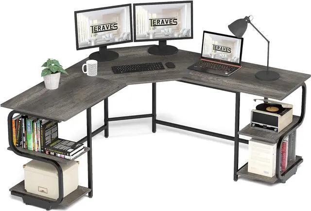 Main image of Teraves Modern L Shaped Desk with Shelves,64.84" Gaming Computer Desk for Home Office,Corner Desk with Desktop (Black Oak+Black Frame, Large+4 Tier Shelves)