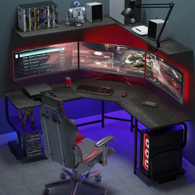 Alt view image 2 of 7 - Teraves Modern L Shaped Desk with Shelves,64.84" Gaming Computer Desk for Home Office,Corner Desk with Desktop (Black Oak+Black Frame, Large+4 Tier Shelves)