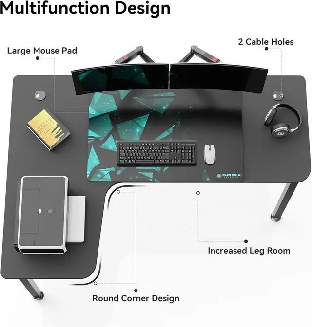 Alt view image 5 of 7 - Eureka Ergonomic L Shaped Gaming Desk, 61 Inch Corner Computer Desk, Modern Office Study Writing Desk, Home Gaming Table with Mouse Pad & Cable Management, Sturdy Metal Frame, Easy to Assembly, Left
