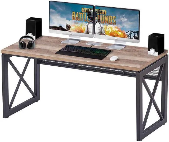 Alt view image 2 of 7 - BON AUGURE Industrial Home Office Desks, Rustic Wood Computer Desk, Farmhouse Sturdy Metal Writing Table (60 Inch, Vintage Oak)