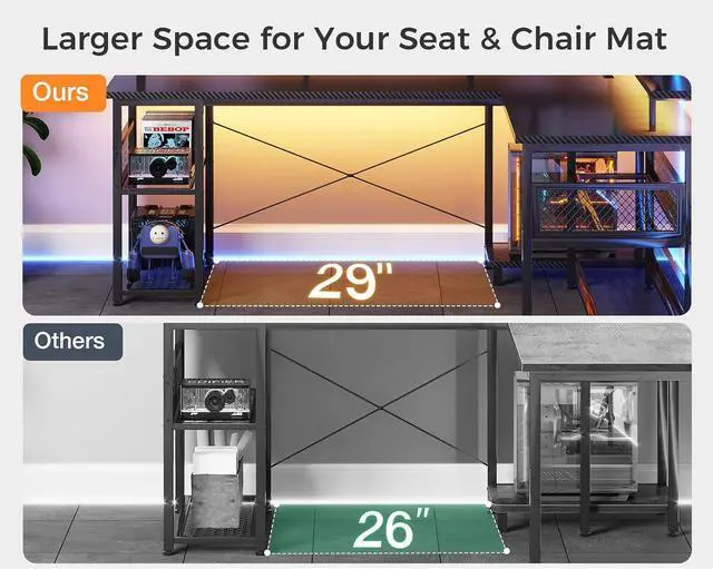 Alt view image 4 of 7 - ODK 59" L Shaped Gaming Desk with Power Outlet and LED Lights, PC Gaming Table with USB Ports, Reversible L Shape Desk with Storage Shelves & Monitor Stand, Home Office Desk, Black Carbon Fiber