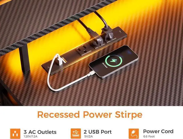 Alt view image 6 of 7 - ODK 59" L Shaped Gaming Desk with Power Outlet and LED Lights, PC Gaming Table with USB Ports, Reversible L Shape Desk with Storage Shelves & Monitor Stand, Home Office Desk, Black Carbon Fiber