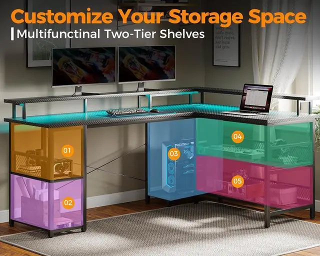 Alt view image 7 of 7 - ODK 59" L Shaped Gaming Desk with Power Outlet and LED Lights, PC Gaming Table with USB Ports, Reversible L Shape Desk with Storage Shelves & Monitor Stand, Home Office Desk, Black Carbon Fiber