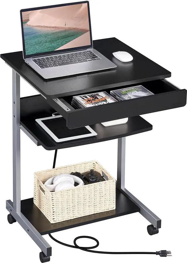 Main image of Topeakmart Mobile Laptop Desk Compact Computer Table on Wheels with Power Outlet and USB Ports, Home Office Writing Desk with Charging Station and Printer Shelf Small Desk 22in for Space Saving, Black