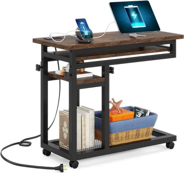 Alt view image 2 of 7 - Tribesigns Small Portable Desk with Power Outlet, Height Adjustable Sofa Couch Bedside Laptop Table with Wheels, Mobile Standing Desk Rolling Computer Cart C Side Table with USB Ports