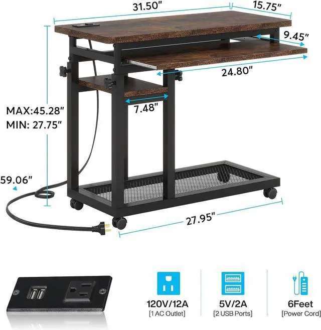 Alt view image 3 of 7 - Tribesigns Small Portable Desk with Power Outlet, Height Adjustable Sofa Couch Bedside Laptop Table with Wheels, Mobile Standing Desk Rolling Computer Cart C Side Table with USB Ports