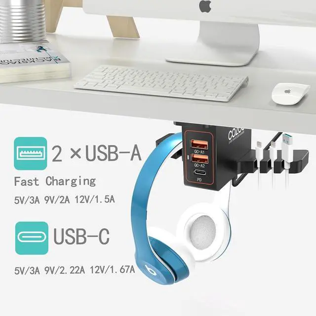 Alt view image 3 of 6 - COZOO Headphone Stand with USB Charger Under Desk Headset Holder Mount with 3 Port USB Charging Station (20W PD & QC3.0) and iWatch Stand Smart Watch Charging Dock Dual Earphone Hanger Hook,UL Tested