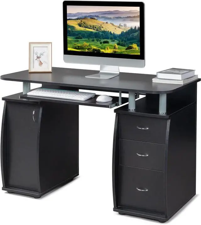Main image of Karl home Computer Desk with Drawers & Storage Cabinet, Small Office Desk PC Laptop Workstation for Home, Studio, Office, Apartment, Black