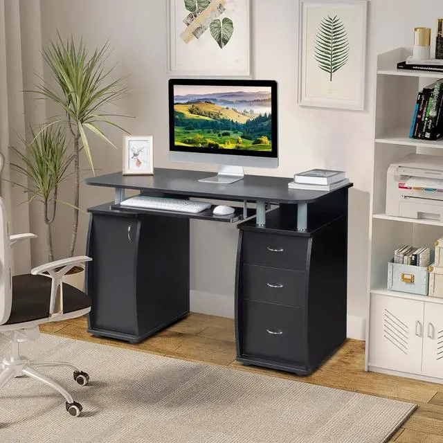 Alt view image 2 of 6 - Karl home Computer Desk with Drawers & Storage Cabinet, Small Office Desk PC Laptop Workstation for Home, Studio, Office, Apartment, Black