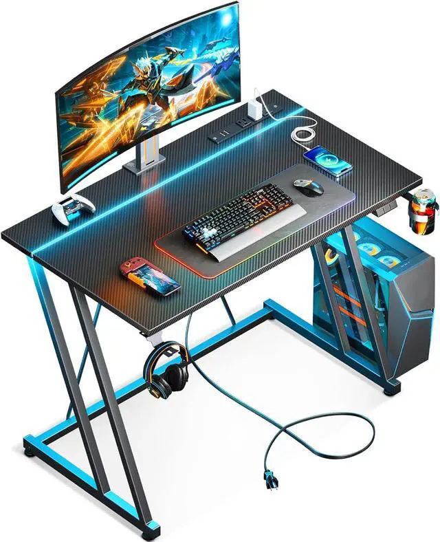 Main image of MOTPK 32 Inch Small Gaming Desk with LED Lights & Power Outlet, Computer Desk for Small Space, Gaming Table with Carbon Fiber Texture, Kids Desk Gift for Boys Men, Black