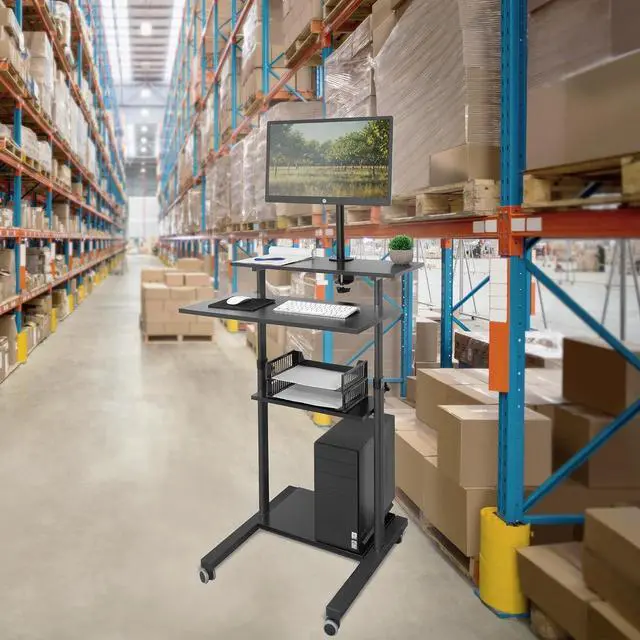 Alt view image 2 of 7 - Mount-It Mobile Stand Up Desk / Height Adjustable Computer Work Station Rolling Presentation Cart With Monitor Arm (MI-7942B), Black
