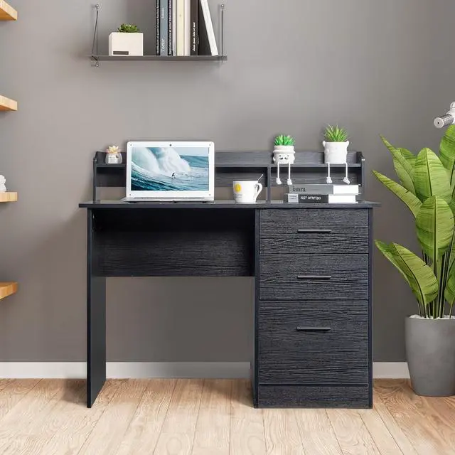 Alt view image 2 of 7 - Karl home Black Computer Desk with Drawers  Desktop Hutch, Modern Work Study Gaming Writing Home Office Desks with Storage for Kids, Small Wood Table for Bedroom, PC Laptop Workstation