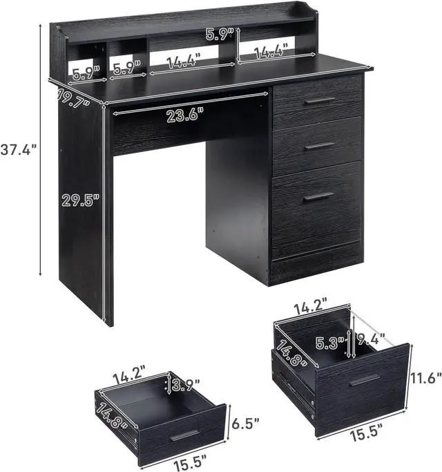 Alt view image 3 of 7 - Karl home Black Computer Desk with Drawers  Desktop Hutch, Modern Work Study Gaming Writing Home Office Desks with Storage for Kids, Small Wood Table for Bedroom, PC Laptop Workstation