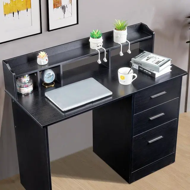 Alt view image 4 of 7 - Karl home Black Computer Desk with Drawers  Desktop Hutch, Modern Work Study Gaming Writing Home Office Desks with Storage for Kids, Small Wood Table for Bedroom, PC Laptop Workstation