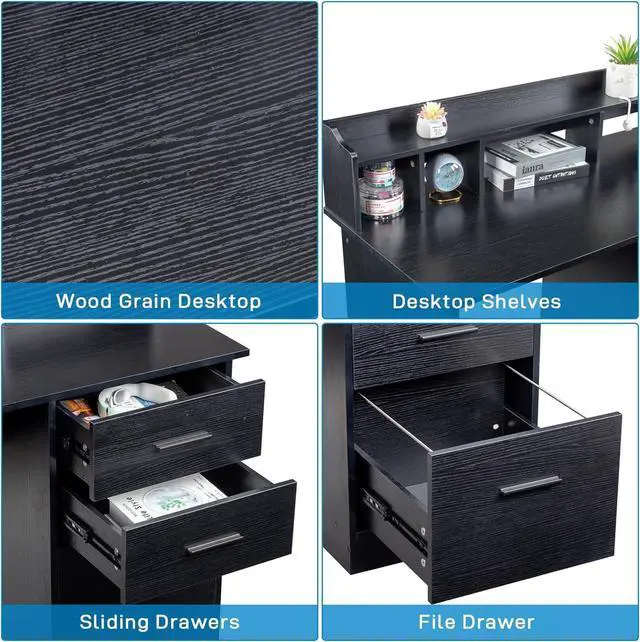 Alt view image 5 of 7 - Karl home Black Computer Desk with Drawers  Desktop Hutch, Modern Work Study Gaming Writing Home Office Desks with Storage for Kids, Small Wood Table for Bedroom, PC Laptop Workstation