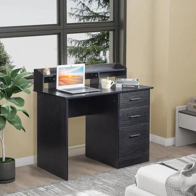 Alt view image 6 of 7 - Karl home Black Computer Desk with Drawers  Desktop Hutch, Modern Work Study Gaming Writing Home Office Desks with Storage for Kids, Small Wood Table for Bedroom, PC Laptop Workstation