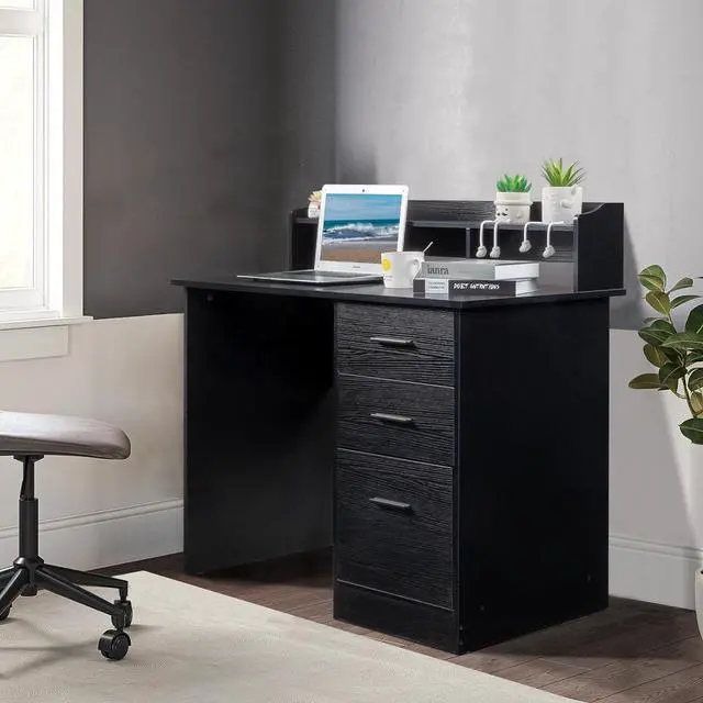 Alt view image 7 of 7 - Karl home Black Computer Desk with Drawers  Desktop Hutch, Modern Work Study Gaming Writing Home Office Desks with Storage for Kids, Small Wood Table for Bedroom, PC Laptop Workstation