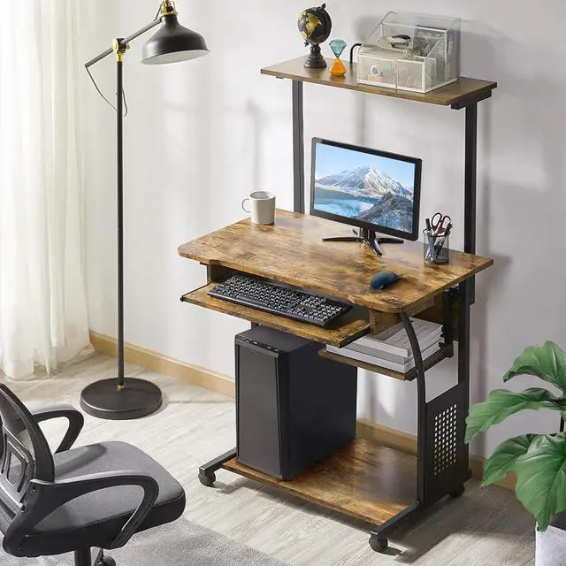Alt view image 2 of 7 - Yaheetech 3 Tiers Rolling Computer Desk with Keyboard Tray and Printer Shelf for Home Office, Mobile Computer Desk for Small Space, Retro Computer Table Compact PC Laptop Workstation, Rustic Brown