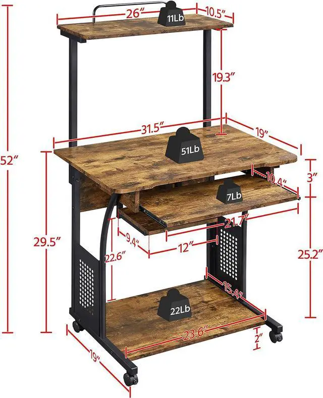 Alt view image 3 of 7 - Yaheetech 3 Tiers Rolling Computer Desk with Keyboard Tray and Printer Shelf for Home Office, Mobile Computer Desk for Small Space, Retro Computer Table Compact PC Laptop Workstation, Rustic Brown