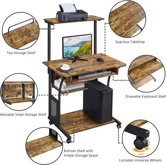 Alt view image 4 of 7 - Yaheetech 3 Tiers Rolling Computer Desk with Keyboard Tray and Printer Shelf for Home Office, Mobile Computer Desk for Small Space, Retro Computer Table Compact PC Laptop Workstation, Rustic Brown