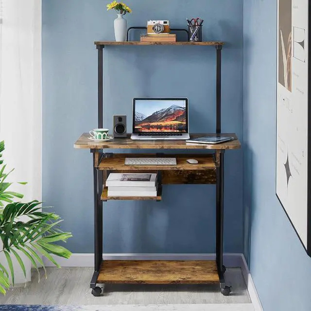 Alt view image 5 of 7 - Yaheetech 3 Tiers Rolling Computer Desk with Keyboard Tray and Printer Shelf for Home Office, Mobile Computer Desk for Small Space, Retro Computer Table Compact PC Laptop Workstation, Rustic Brown
