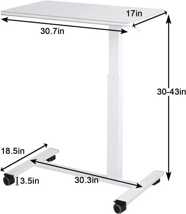 Alt view image 3 of 7 - TigerDad Pneumatic Adjustable Overbed Table with Gas Spring Riser | Medical Adjustable Bed Side Table with Wheels | Portable Standing Desk for Laptop Computer with Large Work Space 30.7"x 17"