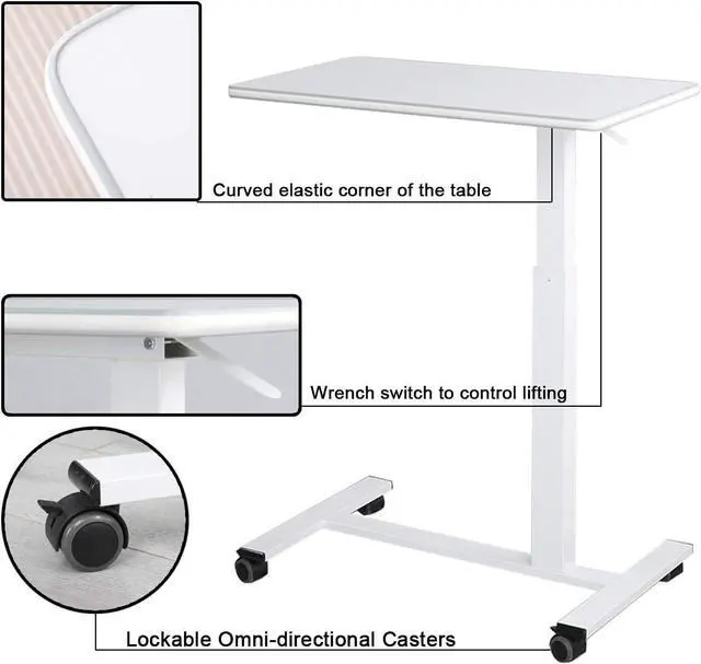 Alt view image 4 of 7 - TigerDad Pneumatic Adjustable Overbed Table with Gas Spring Riser | Medical Adjustable Bed Side Table with Wheels | Portable Standing Desk for Laptop Computer with Large Work Space 30.7"x 17"