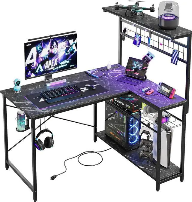 Alt view image 2 of 7 - Bestier 42 L Gaming Desk,Computer Desk with Power Outlets, LED Lights, Reversible Corner Desk with 4-Tier Shelves,Cup Holder & Hook Black Marble