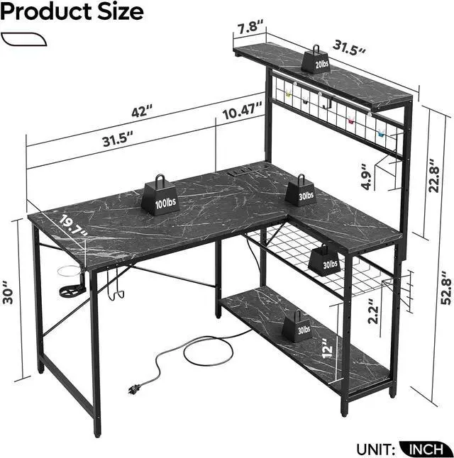 Alt view image 3 of 7 - Bestier 42 L Gaming Desk,Computer Desk with Power Outlets, LED Lights, Reversible Corner Desk with 4-Tier Shelves,Cup Holder & Hook Black Marble