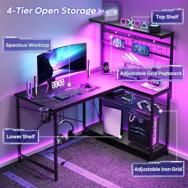 Alt view image 4 of 7 - Bestier 42 L Gaming Desk,Computer Desk with Power Outlets, LED Lights, Reversible Corner Desk with 4-Tier Shelves,Cup Holder & Hook Black Marble